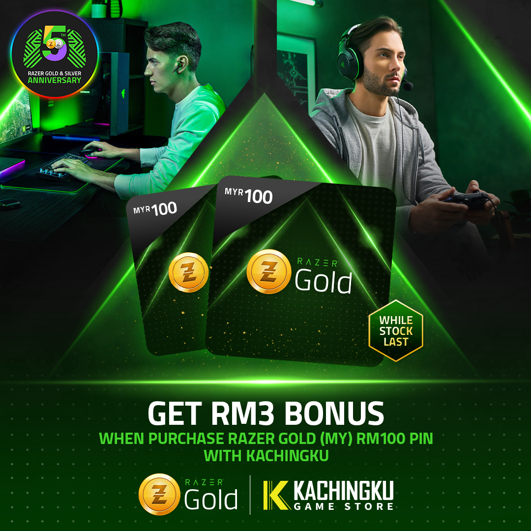 Get RM3 Bonus when purchase Razer Gold (MY) RM100 PIN with Kachingku.com (While Stock Last)